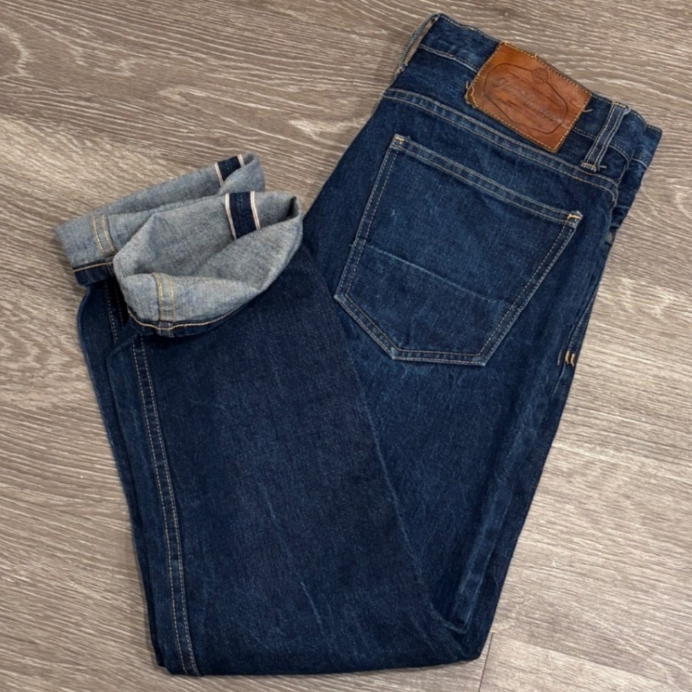 Flint and Tinder Mens Selvedge Rigid Denim Jeans Slim Straight Dark Blue Wash 32